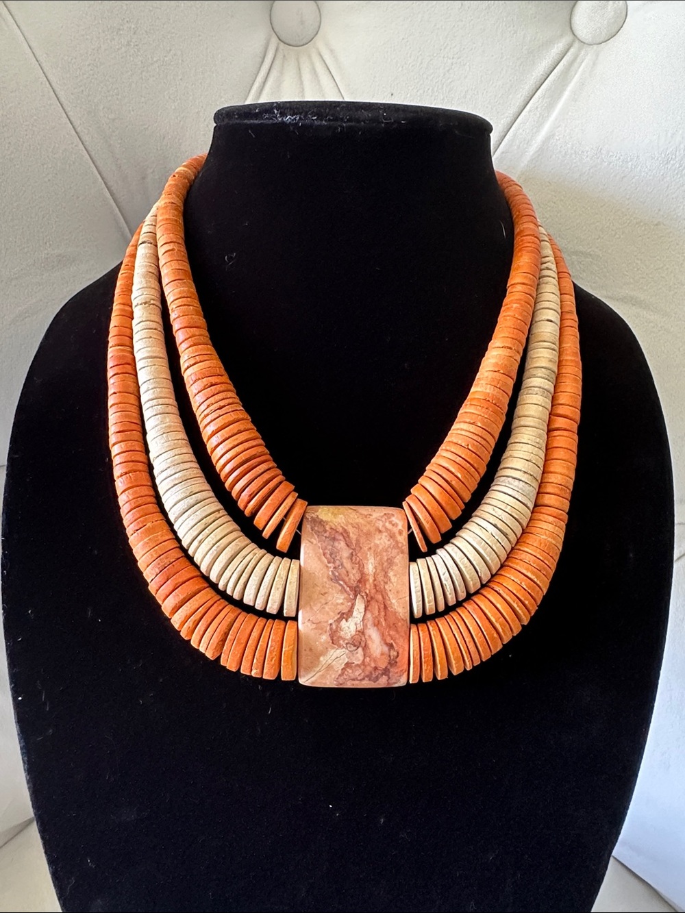 Triple-Strand Orange and Cream Statement Necklace with Marble Focal